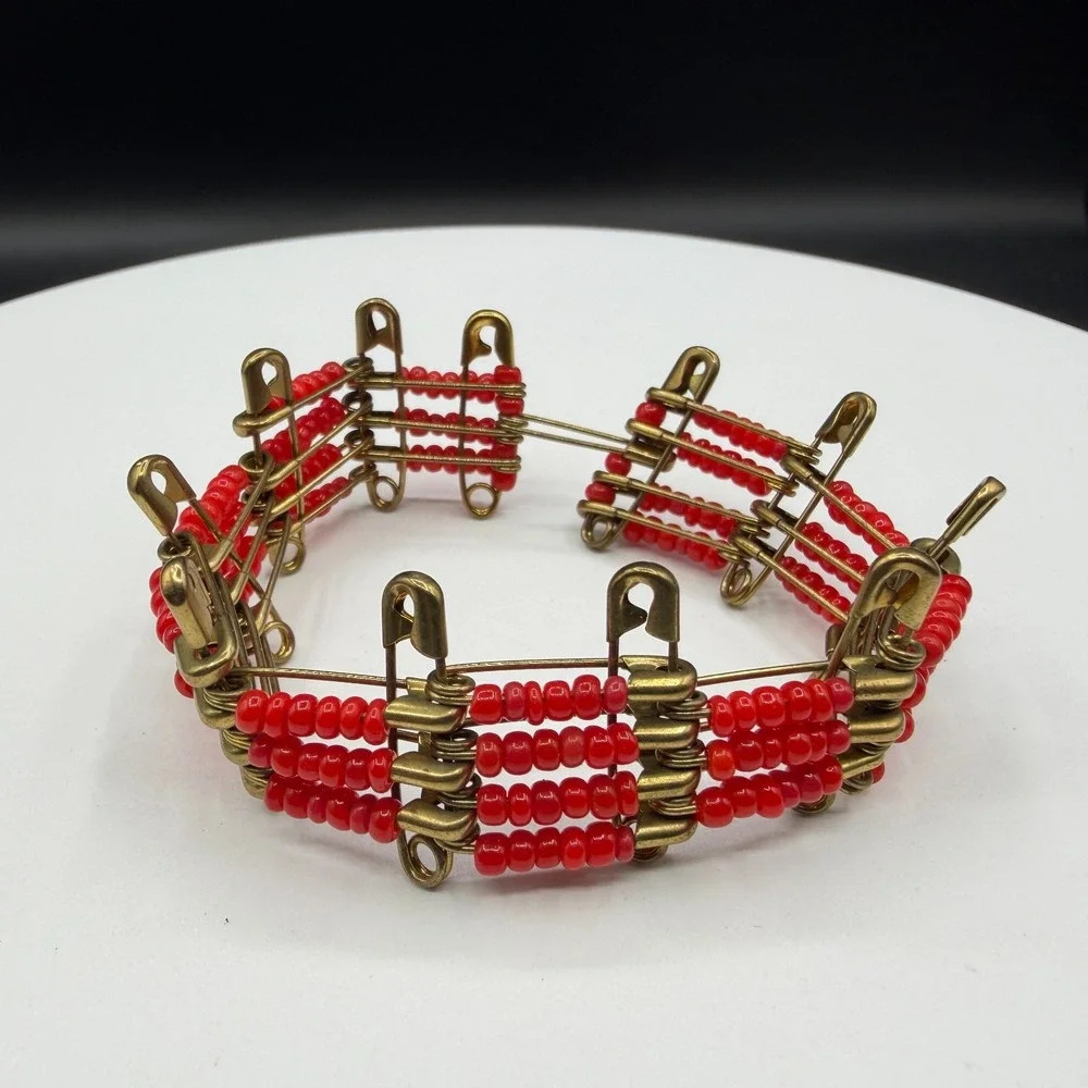 Red Seed Bead Safety Pin Bracelet Brass Tone Punk Folk Art Statement Jewelry